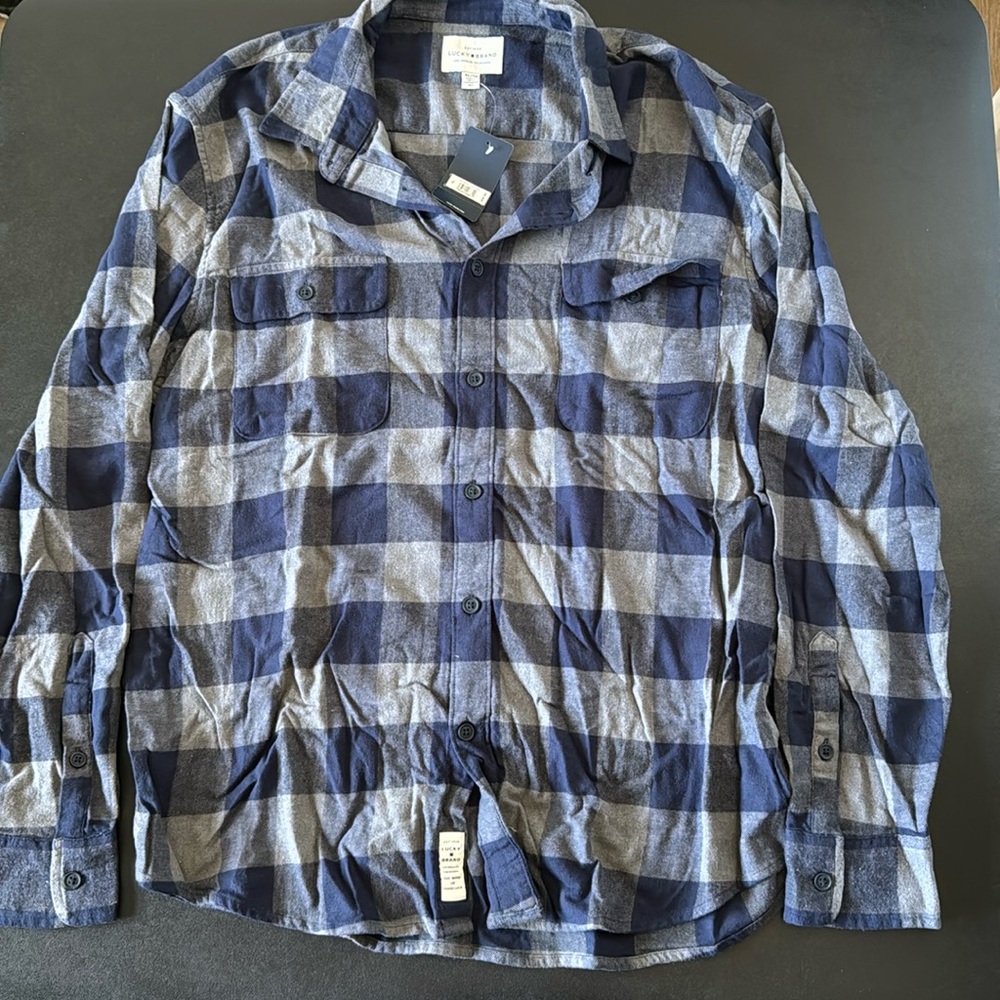 Lucky Brand XL Blue and Grey Plaid Button Up Long Sleeve Shirt